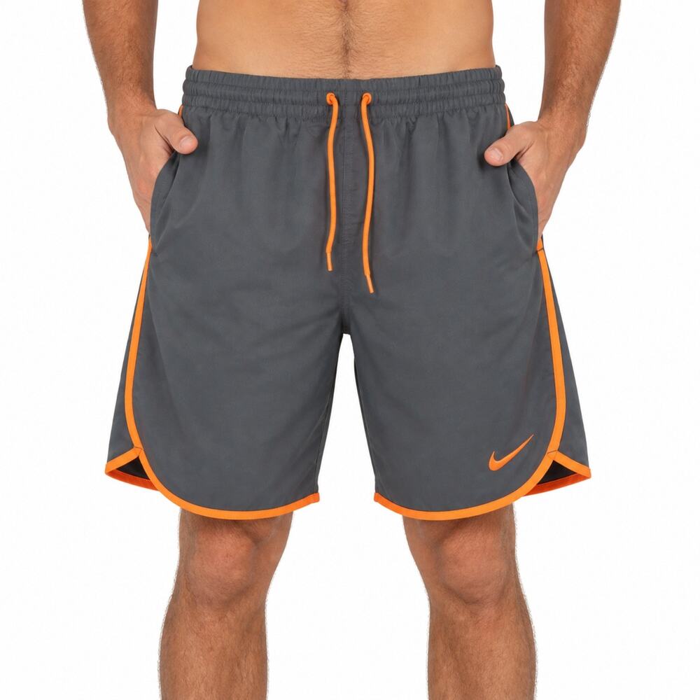 Nike Athletic Shorts Mens Medium Gray Orange Trim Mesh Lined Drawstring Pockets